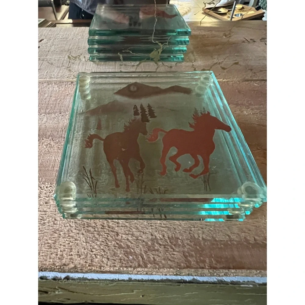 Vintage Western Horse Glass Coasters Set of 4 Rustic Mountain Cabin Decor 4x4